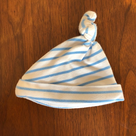 Janie and Jack white knot top beanie with elephant and blue stripes size 0-3M - Picture 2 of 3